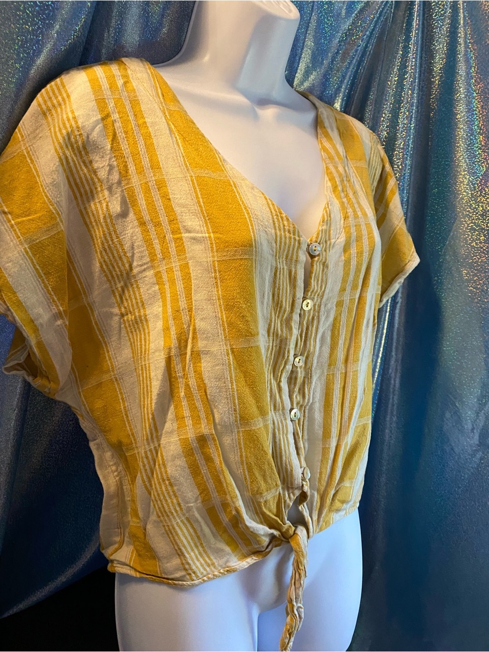 Casual Button-Front Tie Hem Yellow Striped Blouse